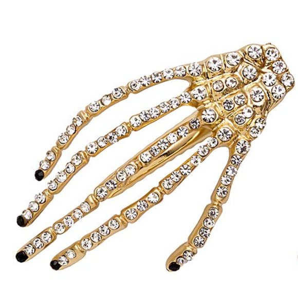 Gold Pave Rhinestone Black Fingernails Goth Glam Skeleton Hand Hair Clip New - Picture 1 of 7